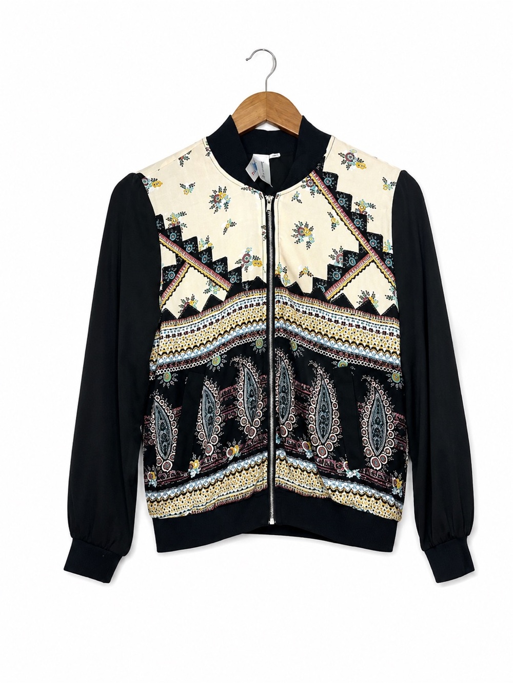 Society Girl Women’s Small Boho Paisley Floral Zip Bomber Jacket Black